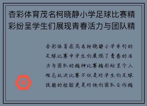 杏彩体育茂名柯晓静小学足球比赛精彩纷呈学生们展现青春活力与团队精神